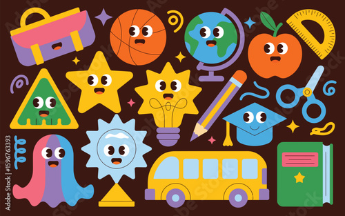 Funny Back to School Hand Drawn Characters and Icon Collection for Playful Educational Designs, Great for Kids' Crafts, Stationery, Bulletin Boards, and Teaching Materials