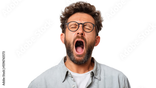 Tapety artystyczne Man yawning widely with eyes closed showing tiredness and boredom, wearing glasses and casual shirt, isolated on transparency background