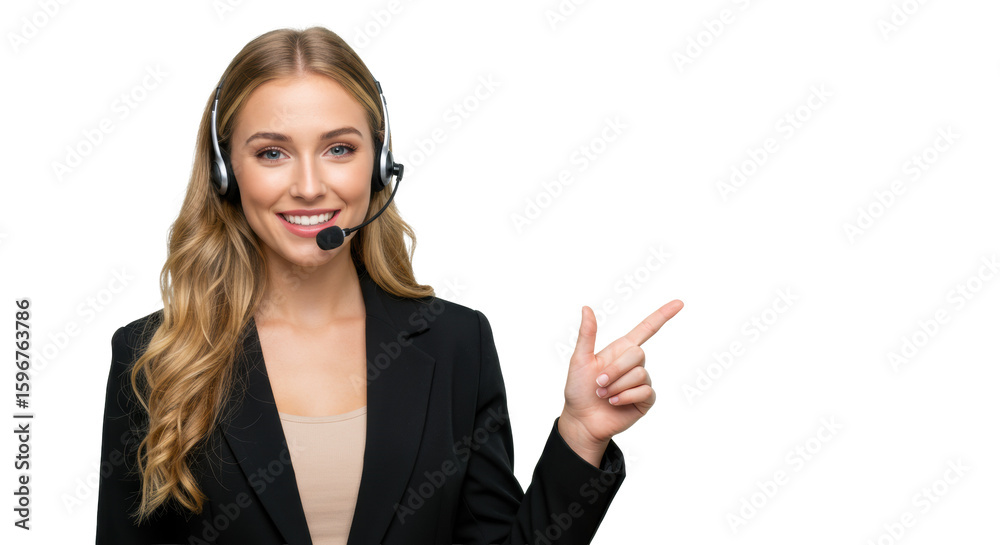 Young caucasian woman with blonde wavy hair, confident smile, wearing a black blazer and call center headset, pointing at white copy space on a transparent studio background, concept of Young caucasian woman with blonde wavy hair, confident smile, wearing a black blazer and call center headset, pointing at white copy space on a transparent studio background, concept of