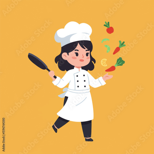 Chef cooking vegetables in a pan, cartoon illustration, healthy food concept