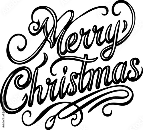 Merry Christmas calligraphy with elegant swirls and flourishes in black, festive holiday greeting design with classic style and joyful expression