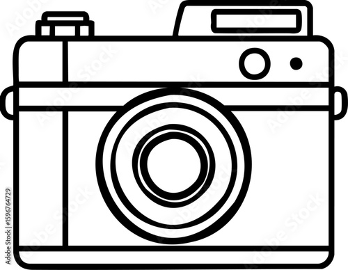 Simple black line art of classic camera with lens and buttons, perfect for photography or vintage design concepts
