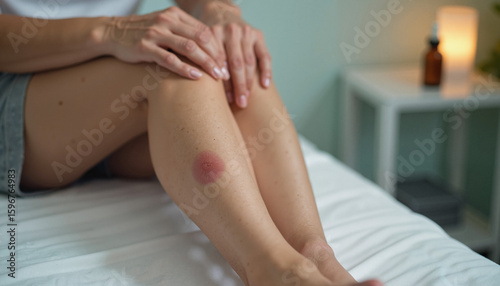 Wallpaper Mural Woman examining red skin rash on her leg while sitting on bed   Torontodigital.ca