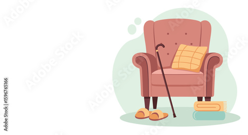 Cozy Armchair with Cane, Slippers for Day of Older Persons