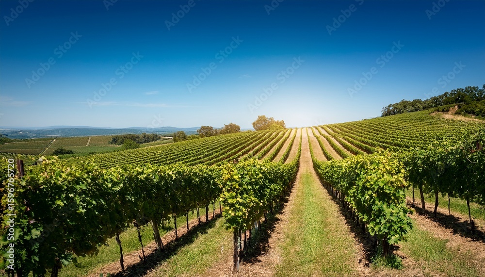 Fototapeta premium sunlit vineyard journey through verdant rows with clear blue sky