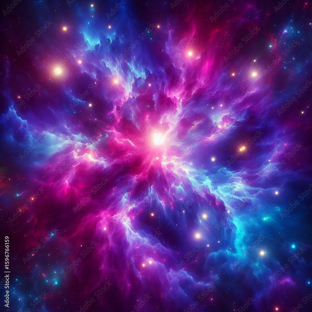 Naklejka premium Vibrant Cosmic Nebula with Glowing Stars in Deep Outer Space