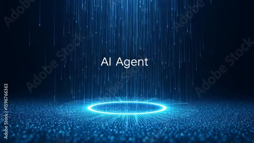 An ai agent concept with a glowing blue ring and digital data streams falling