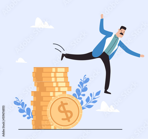 Business people falling down from money pile. Business fail flat simple style isolated concept. Vector flat graphic design illustration