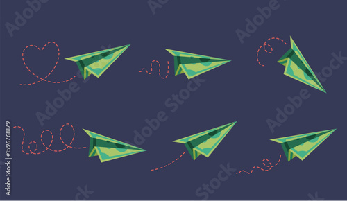 Money airplane paper set flat simple style isolated concept. Vector flat graphic design illustration