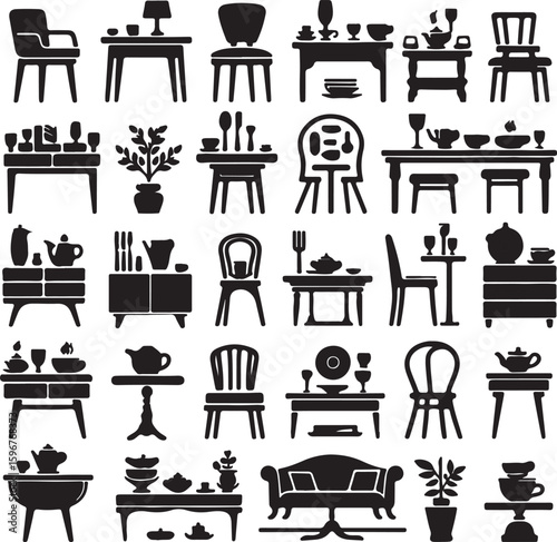 set of table silhouette vector style minimalist white background