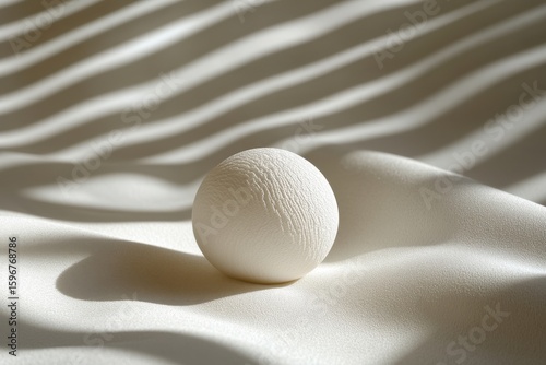 Minimal Abstract White Textured Sphere with Soft Shadows and Wavy Light Pattern.Monochrome 3D Artistic Concept Background