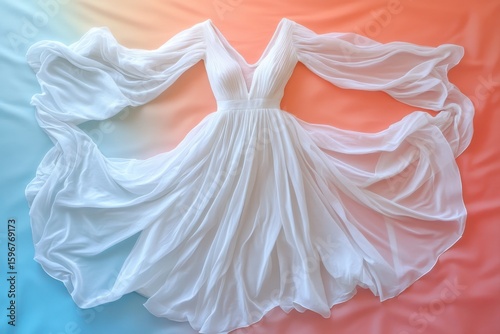 Flowing White Chiffon Dress with Dramatic Sleeves on Pastel Background.Bridal Fashion, Fabric Texture, and Elegant Design Concept Image