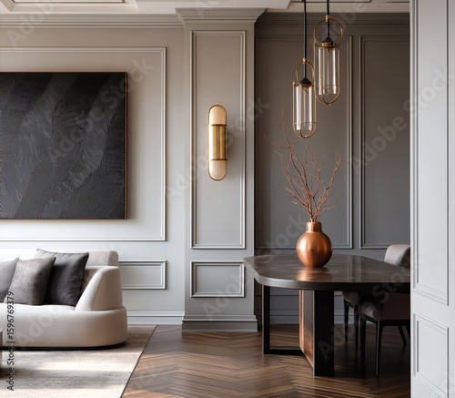 Aesthetic beautiful elegant  modern luxury interior design. Clear mock up empty wall for decoration in the apartment, painting frame. Copy space in the room.