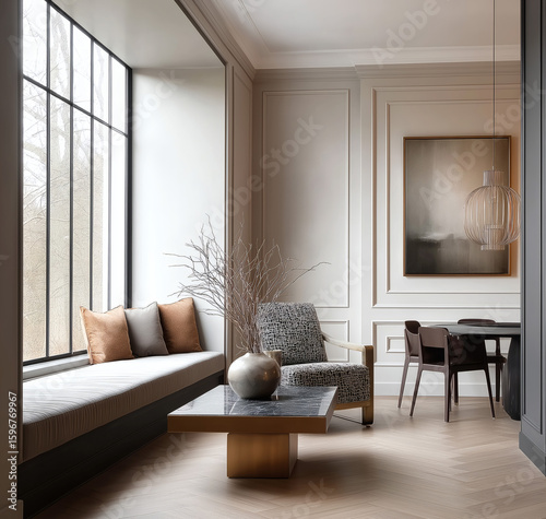 Aesthetic beautiful elegant  modern luxury interior design. Clear mock up empty wall for decoration in the apartment, painting frame. Copy space in the room.