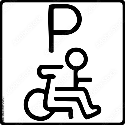 The image shows a black outline icon of a person in a wheelchair with a "P" symbol, representing a designated parking area for people with disabilities.