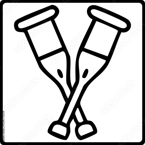 The image is a black outline icon of two crutches crossed together, symbolizing mobility assistance and disability support.