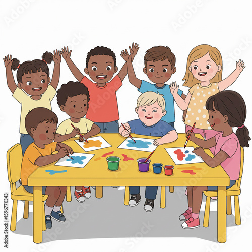 Diverse children painting at school table vector 