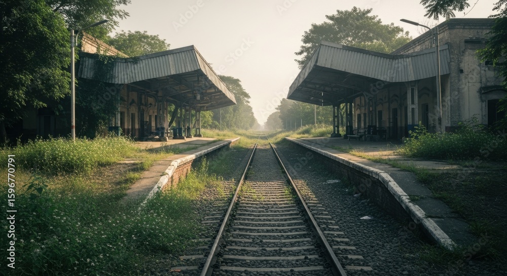 Naklejka premium Abandoned train station with overgrown tracks and platforms bathed in soft morning light.