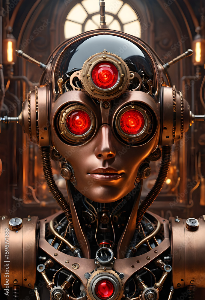 Fototapeta premium Steampunk Robot Portrait with Crimson Glowing Eyes and Brass Detailing