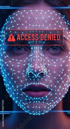 A digital facial recognition system denies access to a person, highlighting privacy and security concerns in biometric technology.