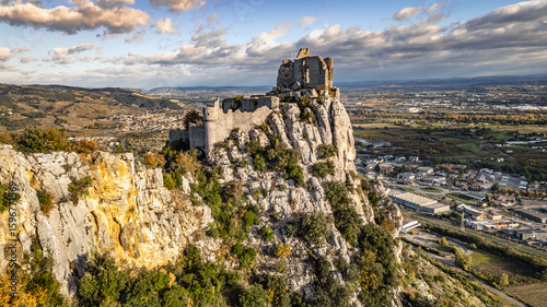 Ruins of Château de Crussol, a 12th Century Medieval Castle on a Hilltop Overlooking the Rhône Valley in Saint-Péray, Ardèche, Opposite Valence, France – Aerial Scenic View