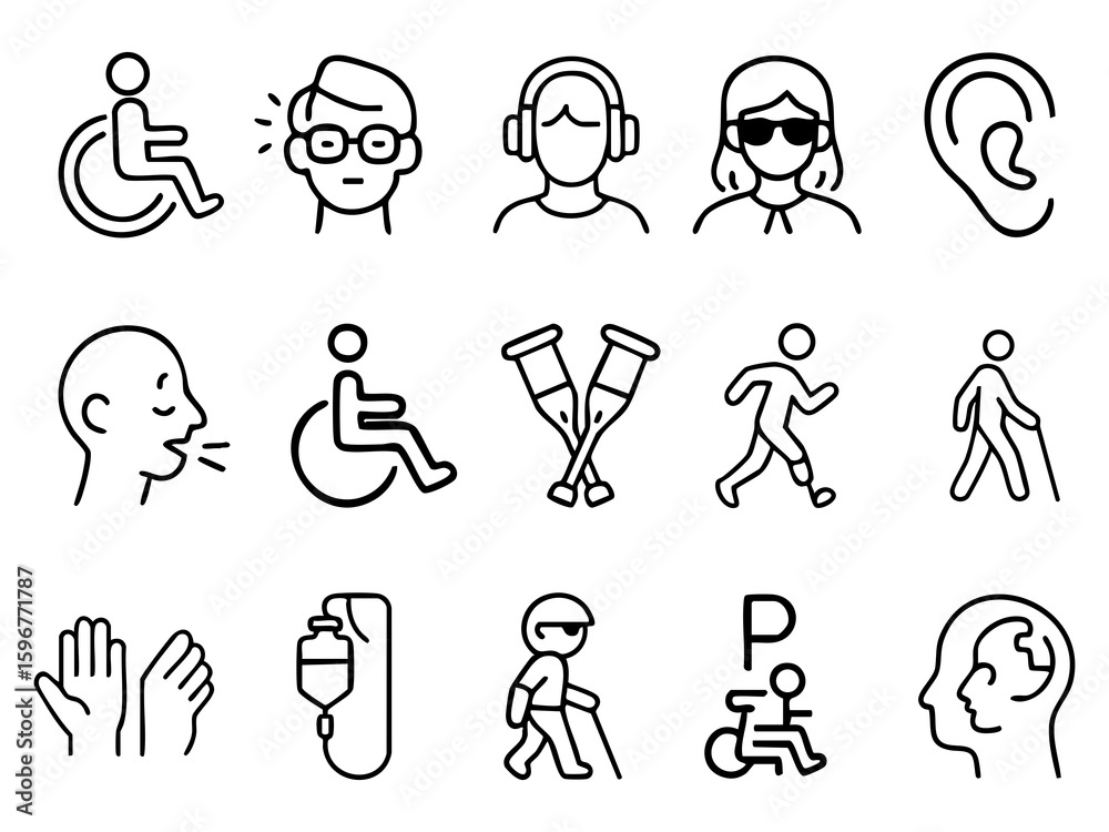 The image shows a set of disability icons, including a guide dog, wheelchair, prosthetic leg, hearing aid, sign language gesture, brain, and a person with visual impairment. The image shows a set of disability icons, including a guide dog, wheelchair, prosthetic leg, hearing aid, sign language gesture, brain, and a person with visual impairment.