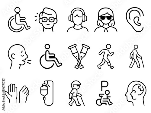  The image shows a set of disability icons, including a guide dog, wheelchair, prosthetic leg, hearing aid, sign language gesture, brain, and a person with visual impairment.