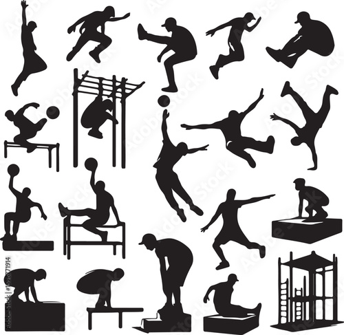 set of parkour silhouettes vector on white background	