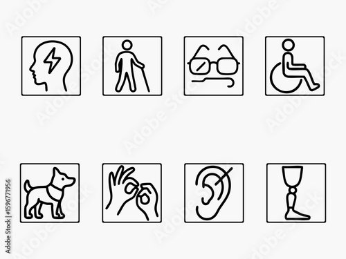  The image shows a set of disability icons, including a guide dog, wheelchair, prosthetic leg, hearing aid, sign language gesture, brain, and a person with visual impairment.