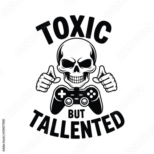 Skull gamer with controller toxic but talented silhouette isolated on white background