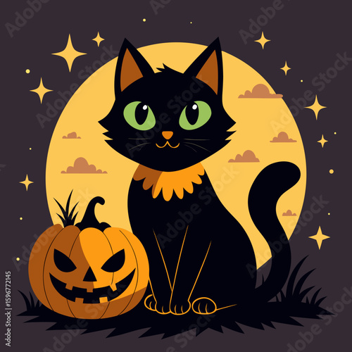 Cute black cat with green eyes sits next to a jack o lantern under a full moon
