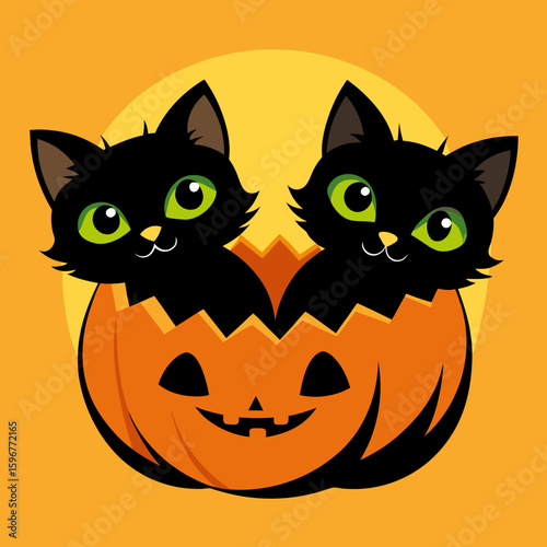Cute black kittens with green eyes peeking out of a jack o lantern