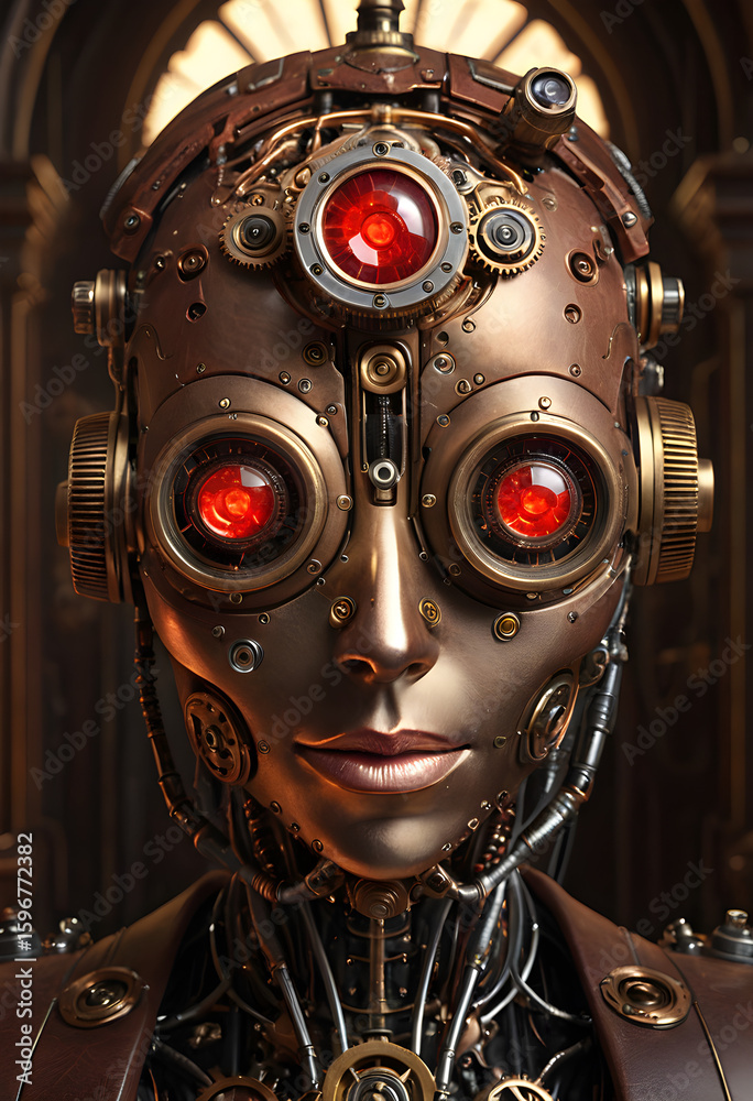 Fototapeta premium Steampunk Robot Portrait with Crimson Glowing Eyes and Brass Detailing