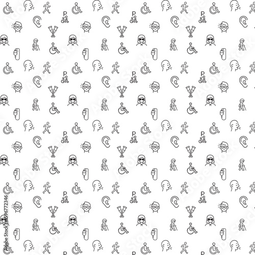 The image is a seamless pattern featuring various disability icons, including wheelchairs, guide dogs, prosthetic legs, hearing aids, sign language symbols, and individuals with visual or cognitive im