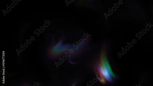 Blurred rainbow refraction overlay effect. Light lens prism effect on black background. Holographic reflection, crystal flare leak shadow overlay. Colorful rainbow disco ball light