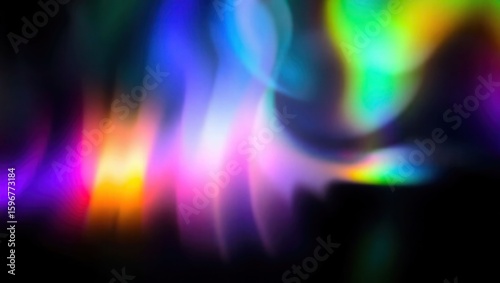 Blurred rainbow refraction overlay effect. Light lens prism effect on black background. Holographic reflection, crystal flare leak shadow overlay. Colorful rainbow disco ball light