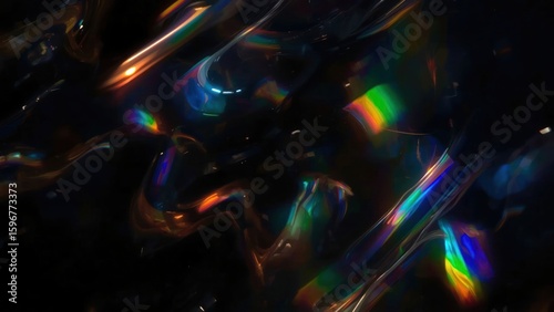 Blurred rainbow refraction overlay effect. Light lens prism effect on black background. Holographic reflection, crystal flare leak shadow overlay. Colorful rainbow disco ball light