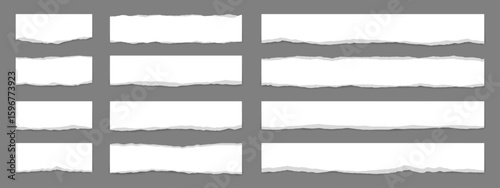 Set of torn white sheets of paper with ripped edge on gray background. Scrapbook decoration or web design element.
