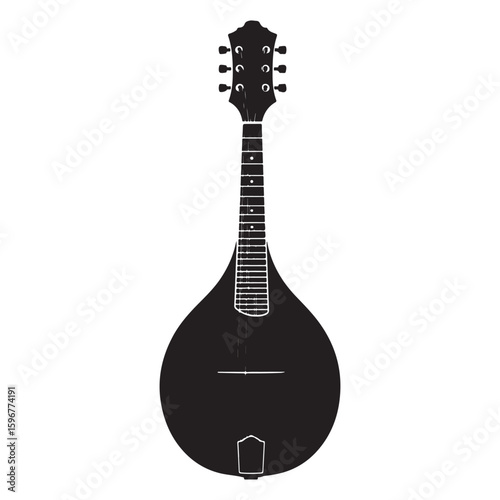 A black silhouette of a mandolin a stringed musical instrument with a pear shaped body and a fretted neck