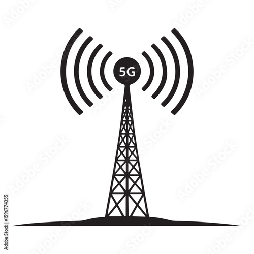 Iconic representation of a 5g cellular tower transmitting wireless signals symbolizing advanced mobile network technology and connectivity