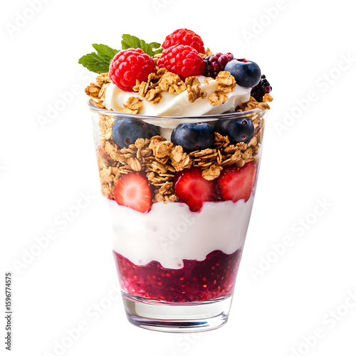 Delicious parfait with fresh berries, granola, and yogurt layered in glass for healthy treat isolated on transparent background.