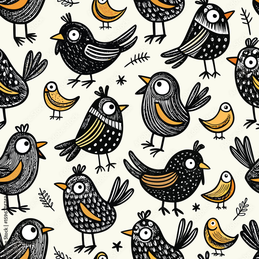 Naklejka premium Seamless Pattern with Cute Cartoon Birds and Floral Elements