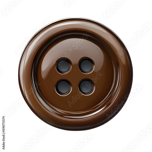 Brown sewing button with four holes, clothing accessory for apparel design and crafts isolated on transparent background.