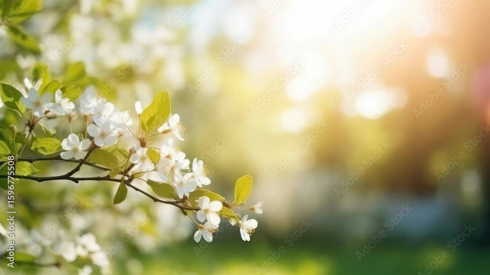 A serene, close-up video angle captures blooming white flowers against a sunlit, blurred background, evoking a sense of tranquility and renewal. Live desktop wallpaper.