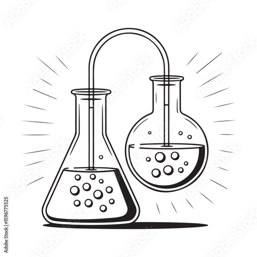 Simple chemistry experiment two flasks connected by a tube showing bubbles and liquid