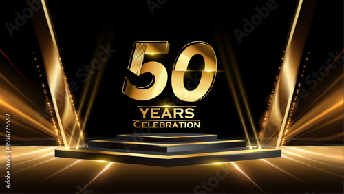 50 Years Celebration Award Background. Recognition Ceremony. Birthday Occation  Achievement. Premium Elegant Graphics. Event Entertainment Spot Light Hollywood Template  Luxury Premium Corporate. 