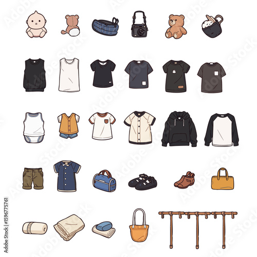 子育て・育児関連のアイテムイラスト29個セット（ベビー服・おもちゃ）