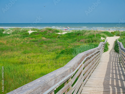 Sandy boardwalk leads through lush coastal vegetation toward East Beach in Galveston, Texas. Shadows on sand and thriving dune plants highlight natural beauty and eco-friendly scenic beach access