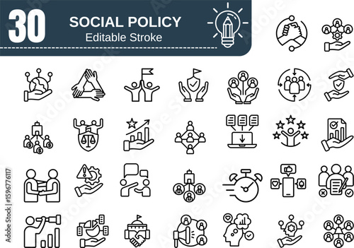 Social Policy Line Icon Set – Social services, health care, education, family, insurance, protection of rights, society, legislation and more. Outline icon in linear style. Vector collection.