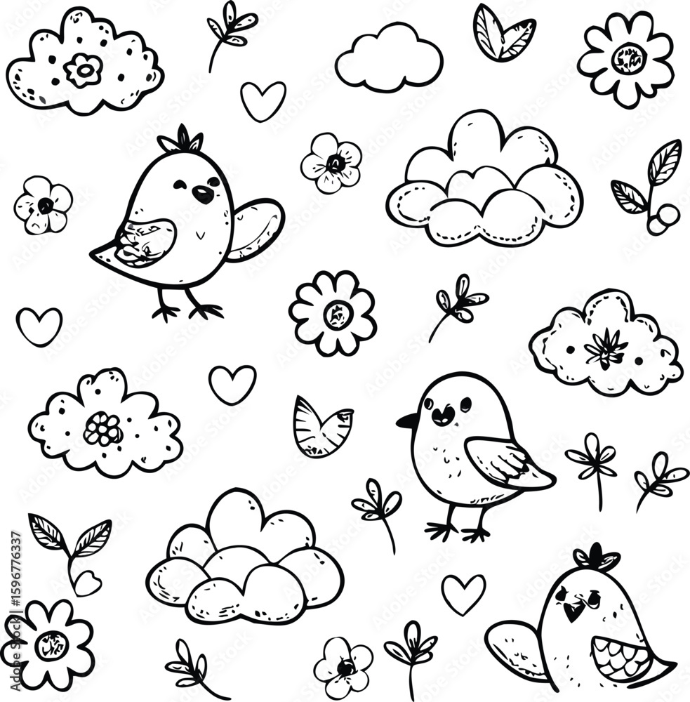 Naklejka premium Seamless Pattern with Cute Birds and Flowers for Kids